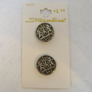 Streamline Buttons Card Set 2 Silvertone Metal 3/4" Crown Se Maintiendra Vintage